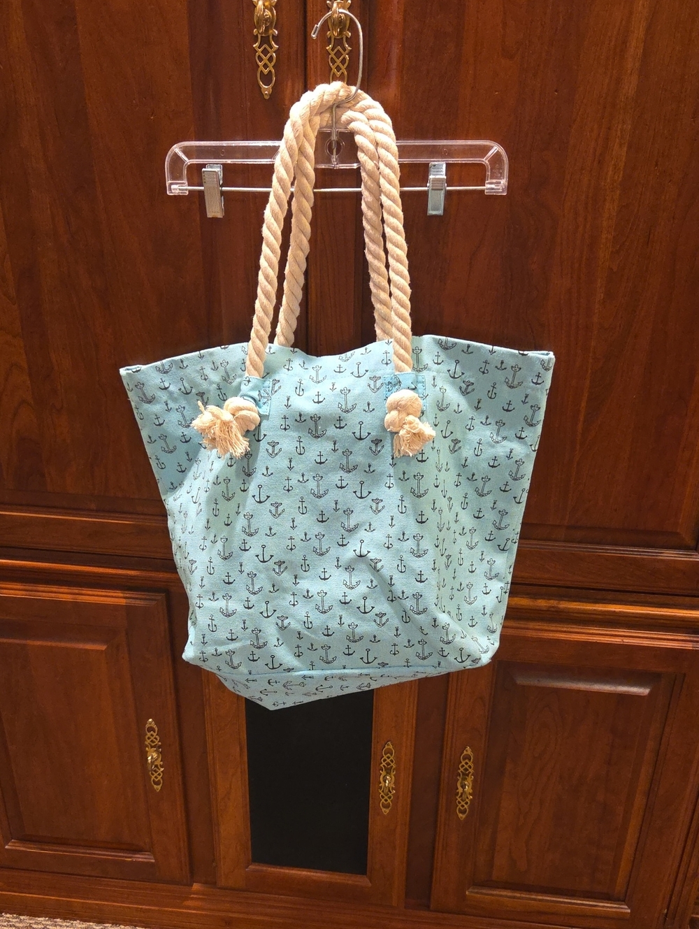 Canvas Rope-Handle Tote Bag in Seafoam with Anchor Print